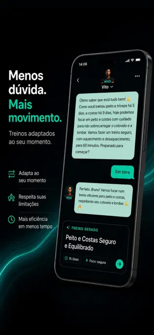 Imagem oficial mostrando uma conversa e um treino gerado pela MOVZA