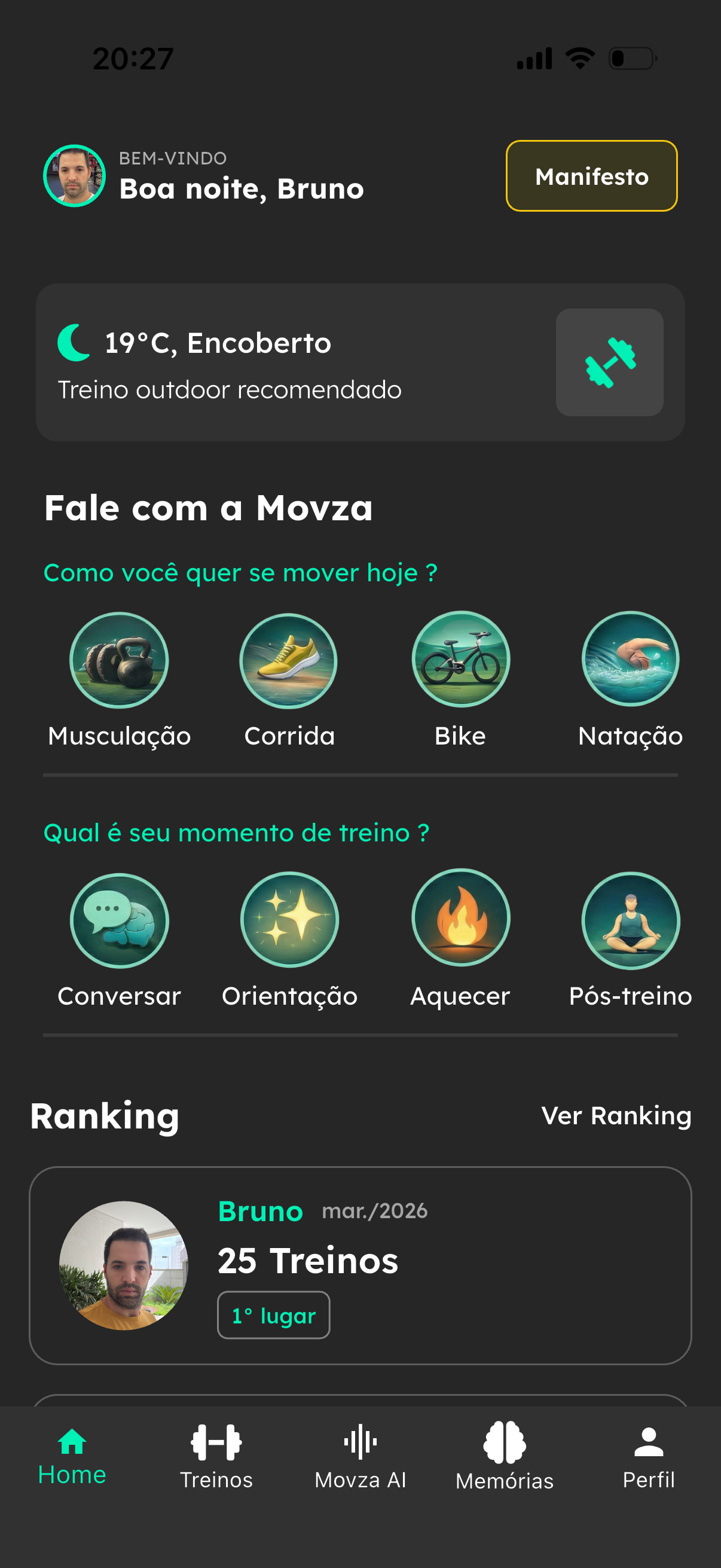 Tela real da MOVZA com modalidades, momentos de treino e histórico de atividade